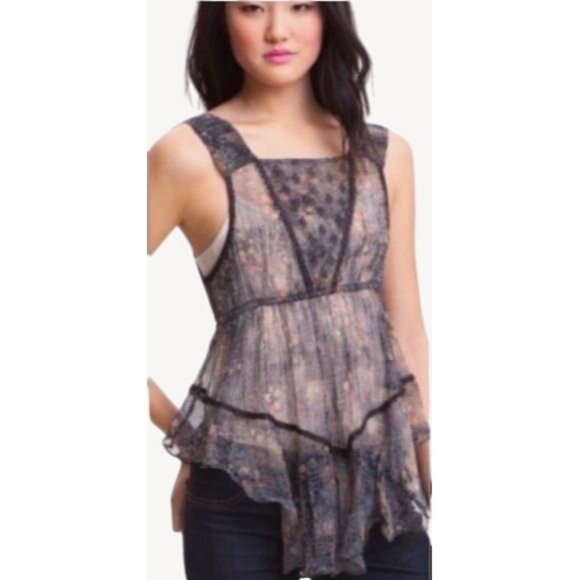 New Romantics X Anthropologie Moody Floral Asymmetrical Sheer Sleeveless Top - Picture 1 of 10